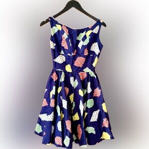 Vintage 50s Handmade Cotton Navy Blue and Multi Color Pattern Summer Dress